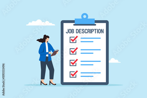 Flat illustration of employer write job description document on clipboard responsibility and qualification for employment