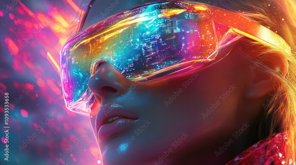 Woman Wearing Futuristic Goggles in Vibrant Light Woman Wearing Futuristic Goggles in Vibrant Light