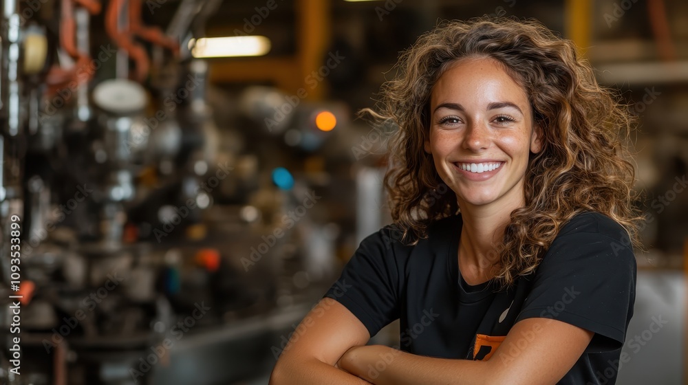 The image features a confident female engineer smiling with arms crossed in an industrial setup, surrounded by machinery, signifying expertise, dedication, and empowerment. The image features a confident female engineer smiling with arms crossed in an industrial setup, surrounded by machinery, signifying expertise, dedication, and empowerment.
