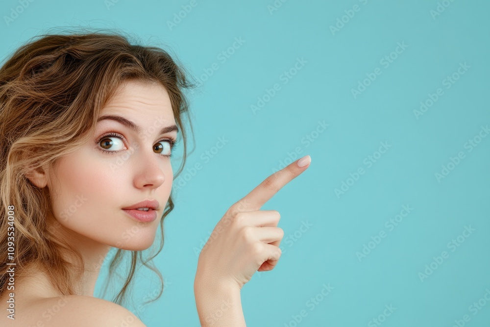 A woman gestures towards something with her index finger A woman gestures towards something with her index finger