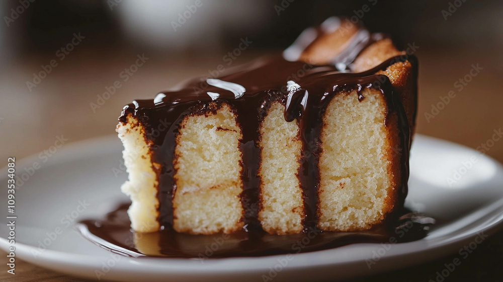 A slice of vanilla cake with melted chocolate sauce on a white plate close-up A slice of vanilla cake with melted chocolate sauce on a white plate close-up