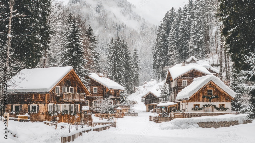 Snow Covered Wooden Houses Alpine Village Winter Scene Snow Covered Wooden Houses Alpine Village Winter Scene