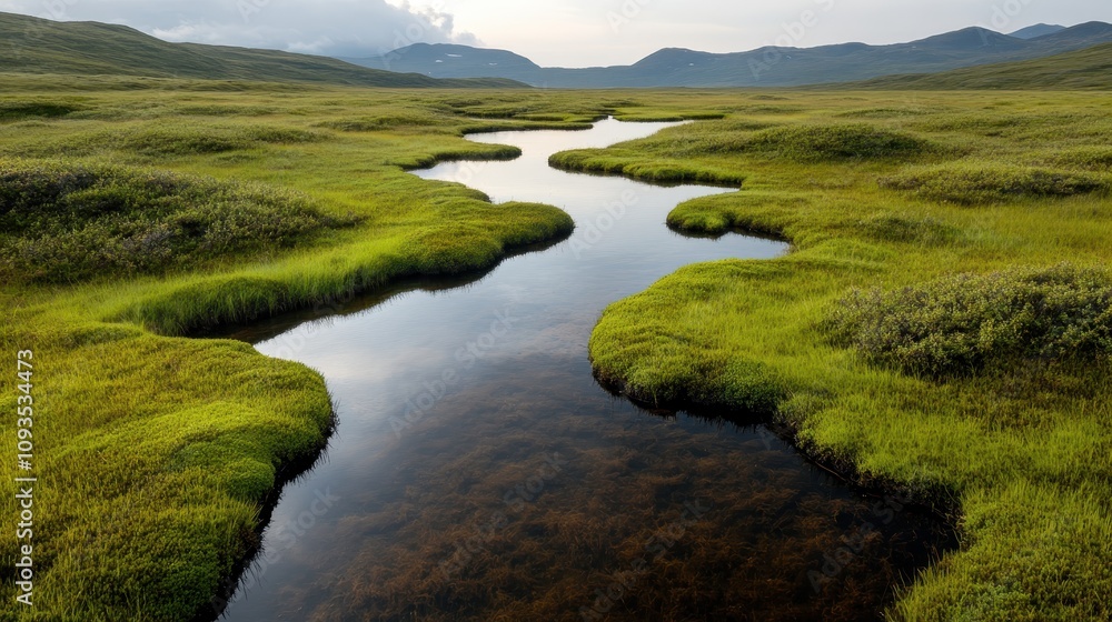A gentle stream flows through a dense carpet of green vegetation, set against a backdrop of distant mountains, in the soft light of dusk, evoking tranquility. A gentle stream flows through a dense carpet of green vegetation, set against a backdrop of distant mountains, in the soft light of dusk, evoking tranquility.