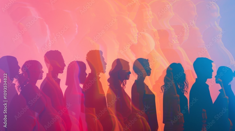 Naklejka premium A vibrant kaleidoscope of culturally diverse silhouettes standing together, representing DIVERSITY EQUITY and INCLUSION The silhouettes