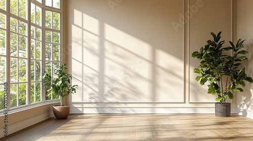 Sunny room with large windows and potted plants