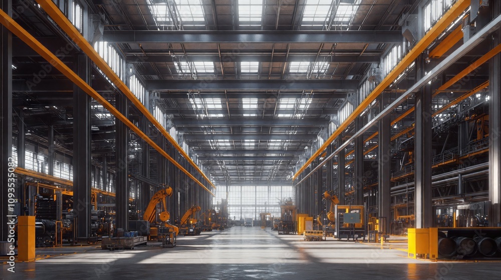 A large warehouse filled with various machines and many vehicles A large warehouse filled with various machines and many vehicles