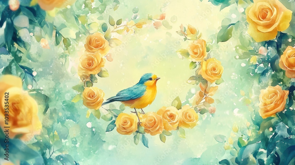 Fototapeta premium Watercolor Painting of a Bird Among Yellow Roses