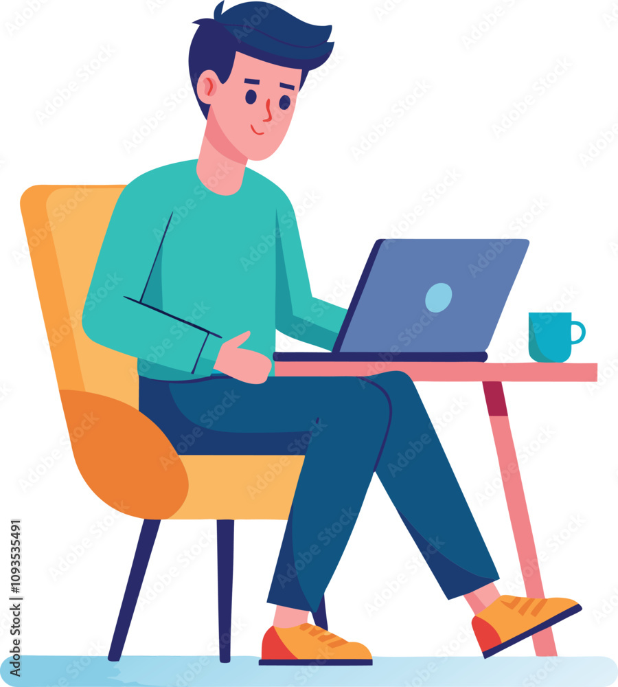 a boy is using his laptop vector a boy is using his laptop vector