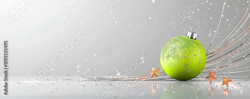 Subtle stone gray banner featuring a bright lime green ornament, accented with copper stars and thin silver lines, minimalistic and festive photo