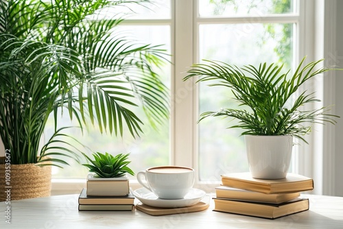 Desktop mockup and copy space books, plants and coffee on a white table. 