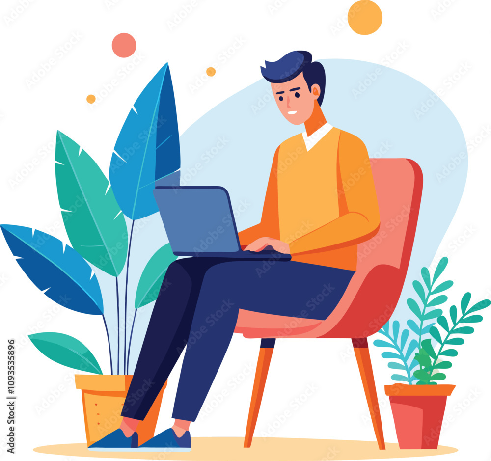 a boy is using his laptop vector a boy is using his laptop vector