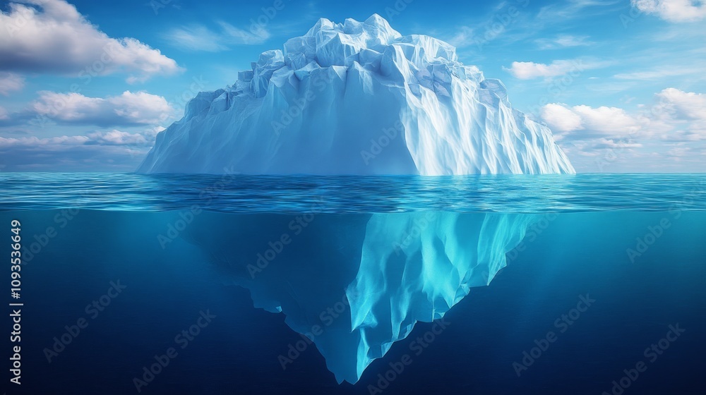 A massive iceberg floats in the ocean, with most of its mass hidden beneath the surface. A massive iceberg floats in the ocean, with most of its mass hidden beneath the surface.