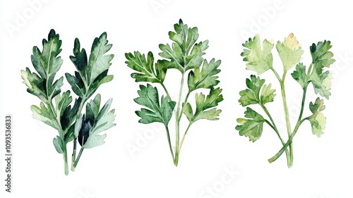 A watercolor illustration featuring three varieties of parsley leaves showcasing their distinct shapes and shades of green.