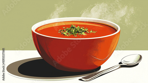 Steaming hot bowl of tomato soup with herbs