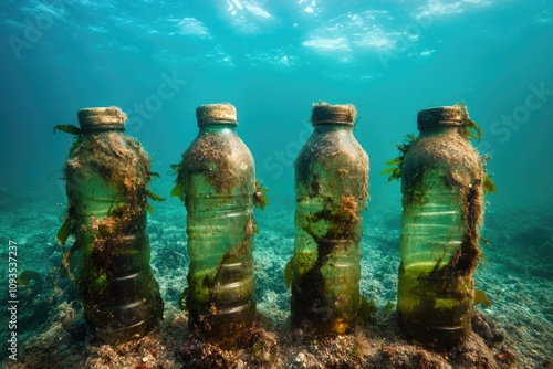 A collection of plastic bottles littering the seafloor photo