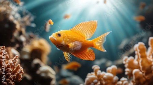 A vivid orange fish swims gracefully through a sunlit coral landscape, casting vibrant colors in a tranquil underwater environment full of life and beauty.