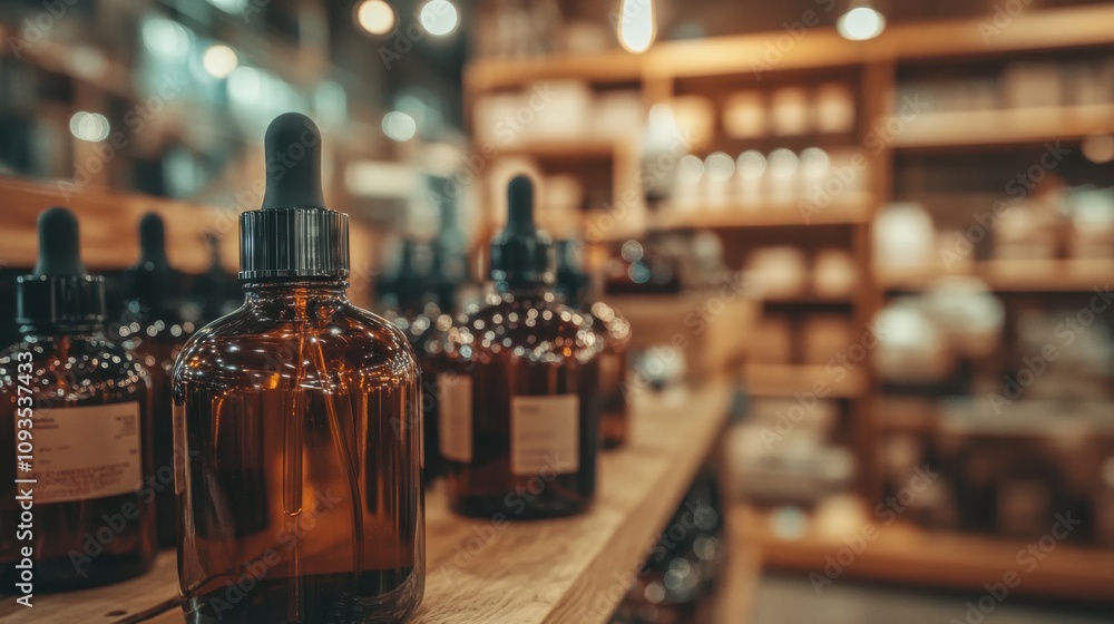 Close-up of amber glass dropper bottles on a wooden shelf with blurred background in a cozy apothecary setting Close-up of amber glass dropper bottles on a wooden shelf with blurred background in a cozy apothecary setting