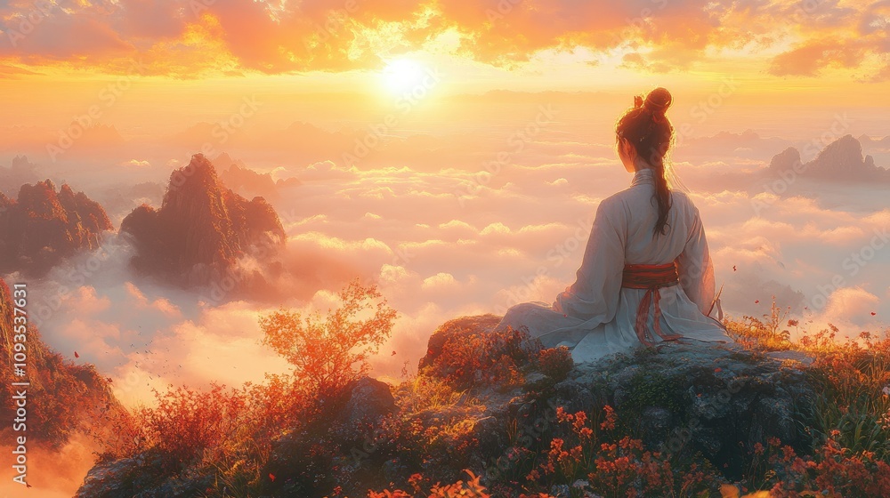 Obraz premium A serene figure meditates on a mountain peak, surrounded by clouds and a vibrant sunset.
