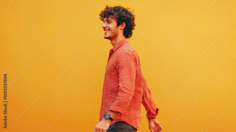 Fototapeta premium A person wearing a bright red shirt walks on a path or street, potentially heading somewhere