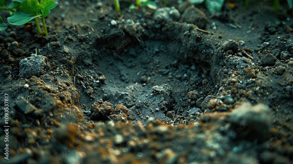 Footprint impression in wet soil reveals traces of wildlife in a vibrant garden at dawn. Generative AI