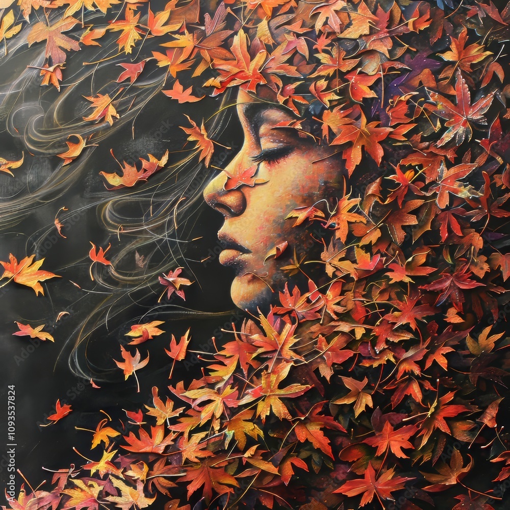 A woman's face, enveloped by autumn leaves.
A woman's face, enveloped by autumn leaves.