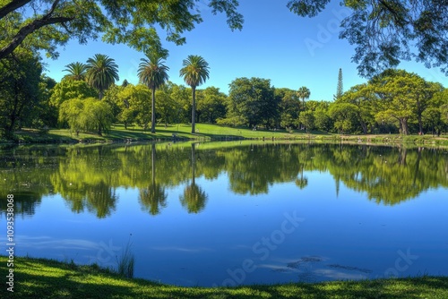 A serene pond scene in a park with lush greenery and trees, perfect for a calm atmosphere