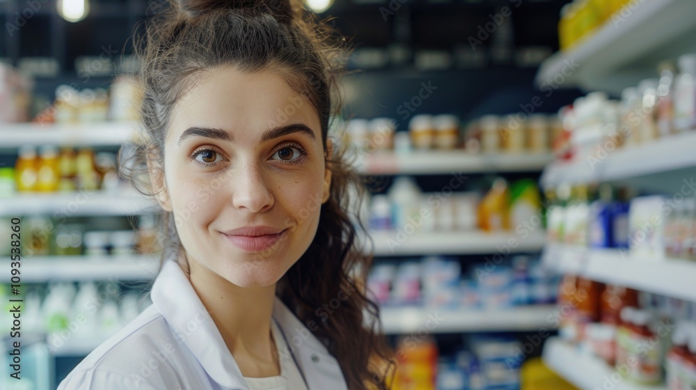 A woman stands in front of a store shelf, surrounded by products and displays A woman stands in front of a store shelf, surrounded by products and displays
