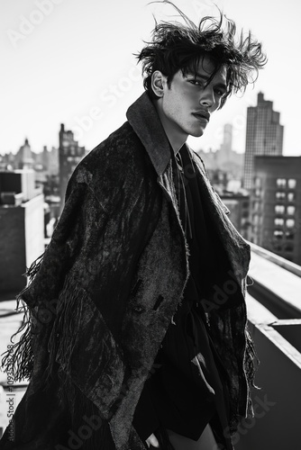 Stylish male model poses on rooftop with city view. Modern mullet, shag haircut. Monochrome outfit. Editorial fashion photo. Fashionable urban portrait. Trendy clothing. Fashion model. Cityscape.