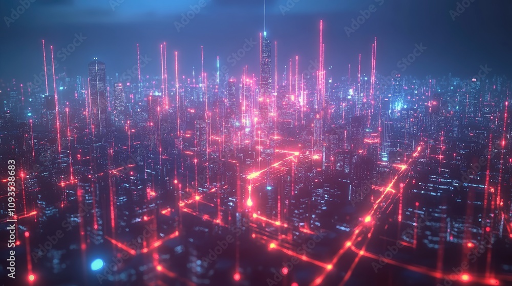 Obraz premium Futuristic city at night with glowing red network lines.