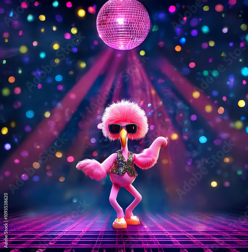 3d pink flamingo character dancing at a disco