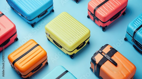 A collection of colorful luggage on a calm blue background, perfect for travel or transportation themes photo