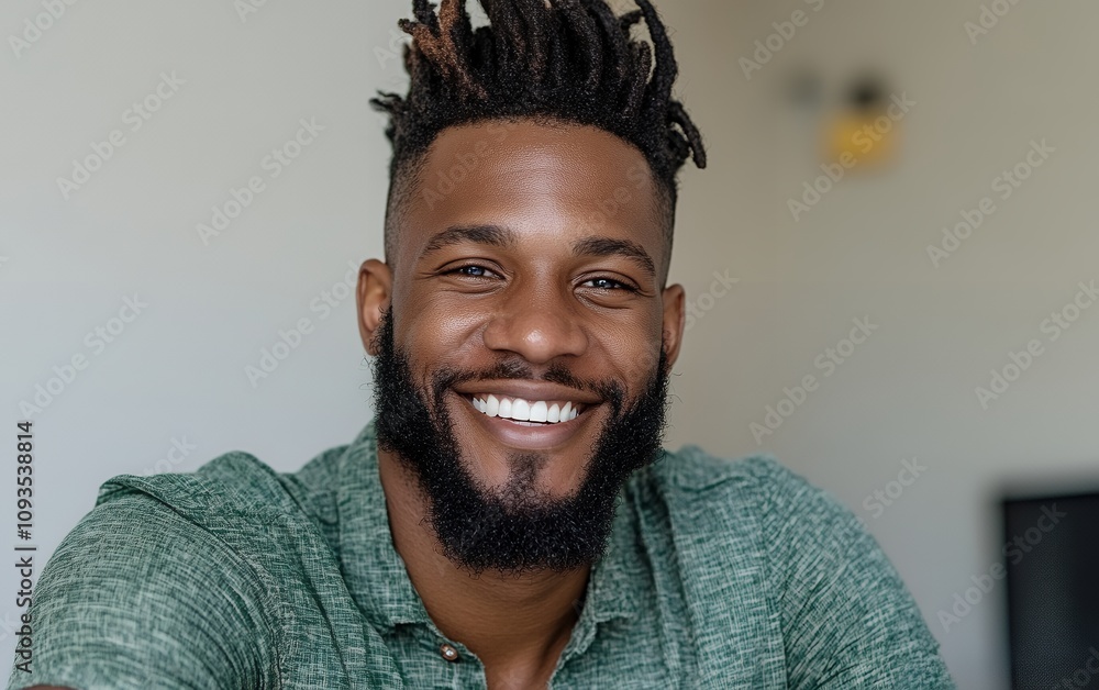 Joyful professional with stylish dreadlocks and beard wearing green casual shirt, genuine bright smile in home environment Joyful professional with stylish dreadlocks and beard wearing green casual shirt, genuine bright smile in home environment