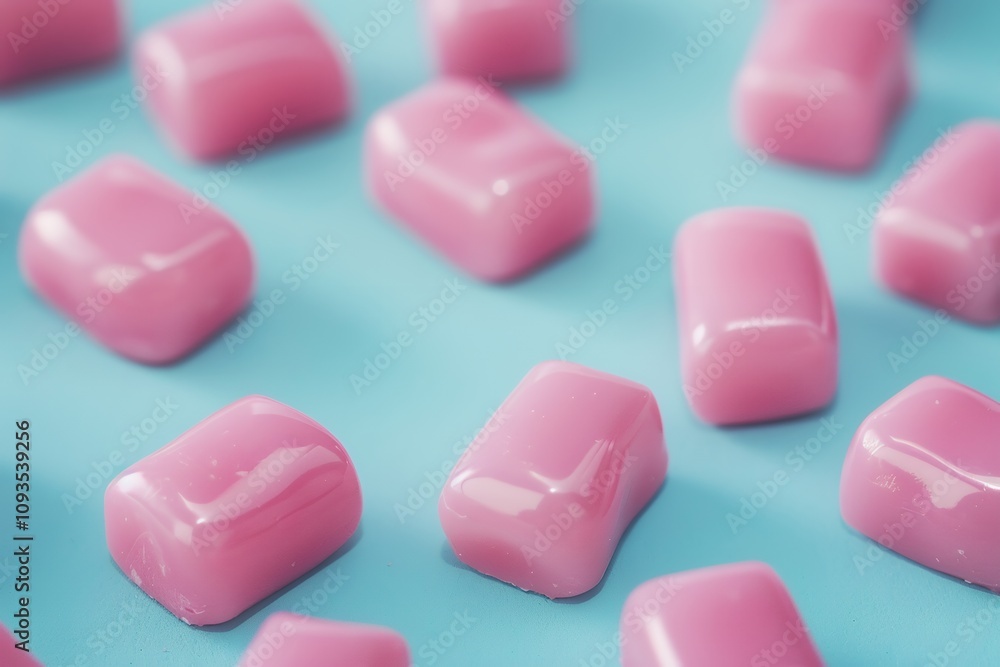 Pattern of glossy pink bubble gum candies arranged on turquoise blue background, minimalist candy concept with copy space Pattern of glossy pink bubble gum candies arranged on turquoise blue background, minimalist candy concept with copy space