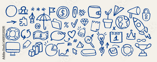 Hand Drawn Chalk Business Elements Collection. Grunge line art doodles with crayon, dry brush, pencil texture. Concept of marketing, finance, success. Children's Vector Ink Illustration.