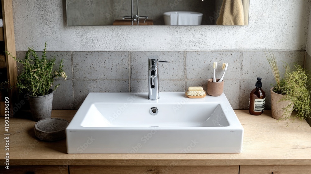 Fototapeta premium A standard-sized bathroom sink with a rectangular mirror mounted above it