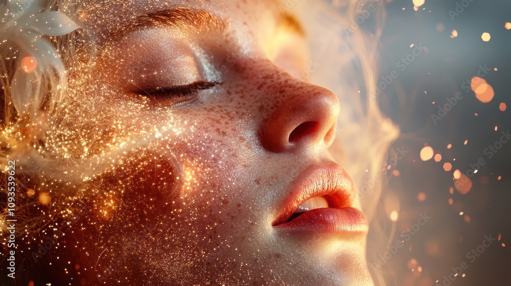 A vivid image showcasing a closeup portrait of a face with sparkling lights and freckles, highlighting an expressive emotion amidst a vibrant, glowing atmosphere.