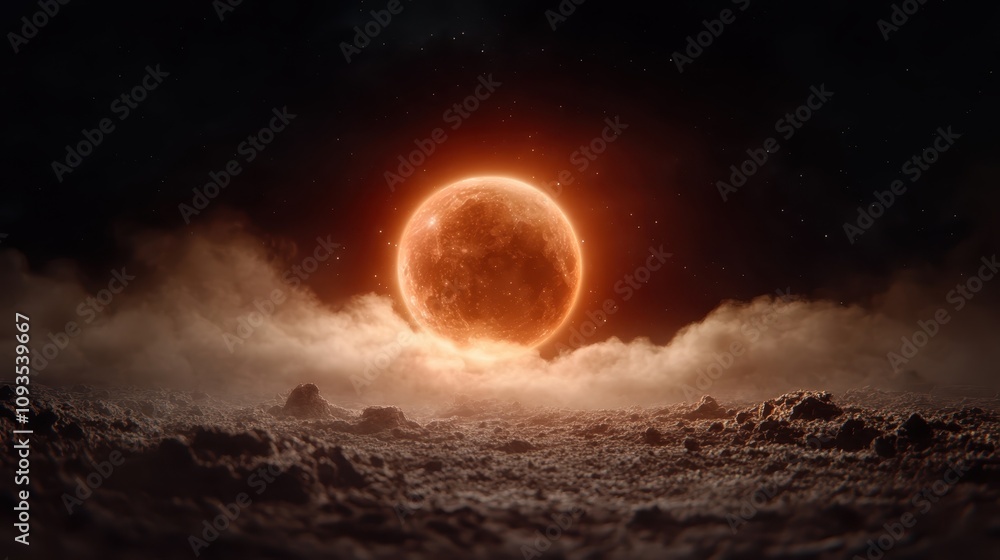 An enigmatic glowing moon hovers above a barren, ethereal landscape, bathed in soft clouds and mysterious light, evoking a sense of awe and cosmic wonder. An enigmatic glowing moon hovers above a barren, ethereal landscape, bathed in soft clouds and mysterious light, evoking a sense of awe and cosmic wonder.