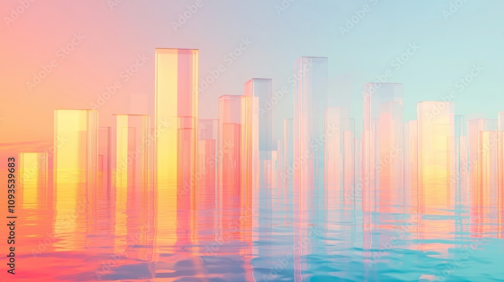 Sleek and modern abstract background with a minimalist cityscape made of glass, featuring vertical bar charts rising against a gradient blue sky Sleek and modern abstract background with a minimalist cityscape made of glass, featuring vertical bar charts rising against a gradient blue sky