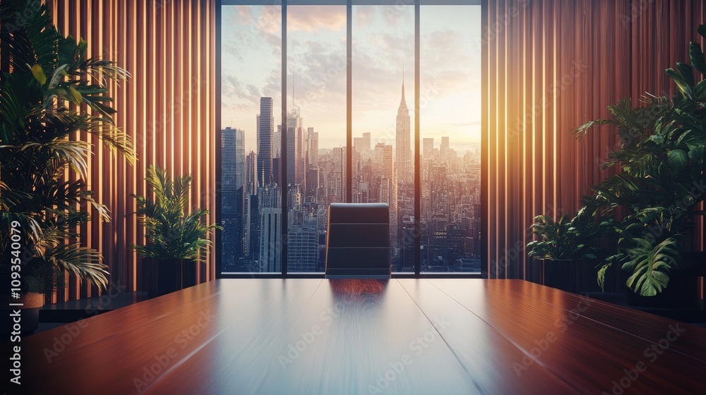 Modern office with city view at sunset. Modern office with city view at sunset.