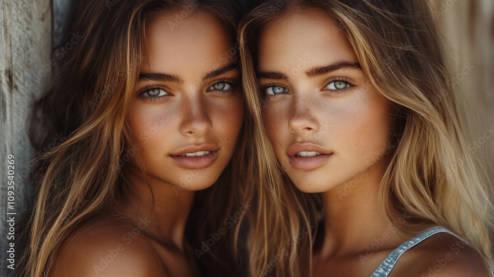 Two beautiful women with long brown hair and blue eyes. Two beautiful women with long brown hair and blue eyes.