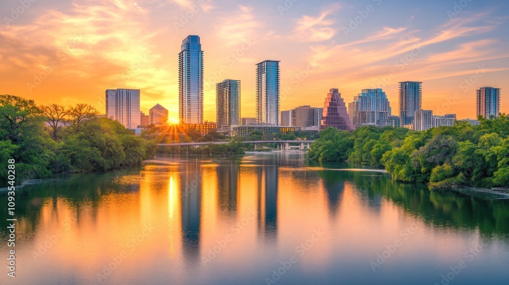 Austin Texas Skyline Sunset Cityscape Reflection Austin Texas Skyline Sunset Cityscape Reflection