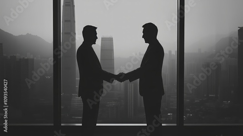 Silhouette of male businessmen shaking hands in office with big windows overlooking the city