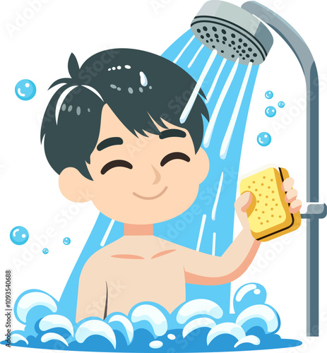 flat vector Illustration of a Happy Child Taking a Shower with a Sponge Under a Showerhead with Water Flowing