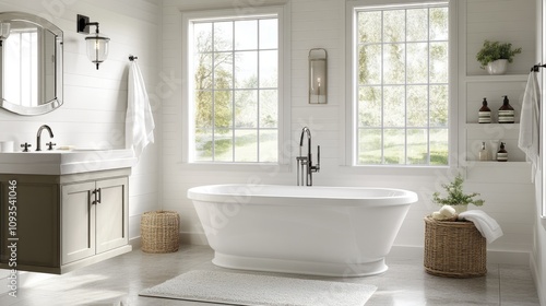 Elegant Farmhouse Style Bathroom With Freestanding Tub