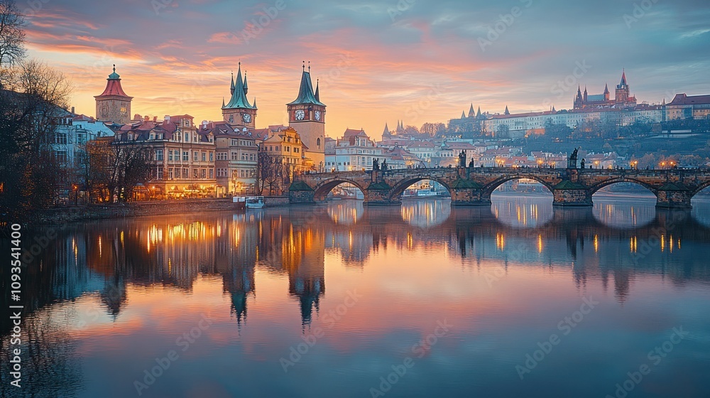 Obraz premium A picturesque view of Prague's Charles Bridge with the Vltava River reflecting the city lights and a stunning sunrise.