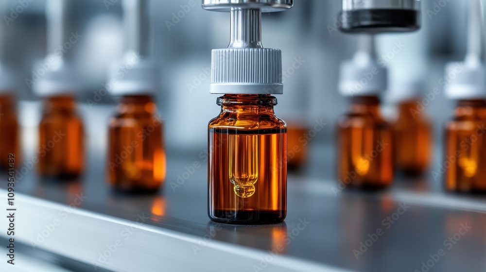 A row of amber-colored glass bottles, tightly sealed with caps, is seen moving along a modern production line in a factory setting. A row of amber-colored glass bottles, tightly sealed with caps, is seen moving along a modern production line in a factory setting.