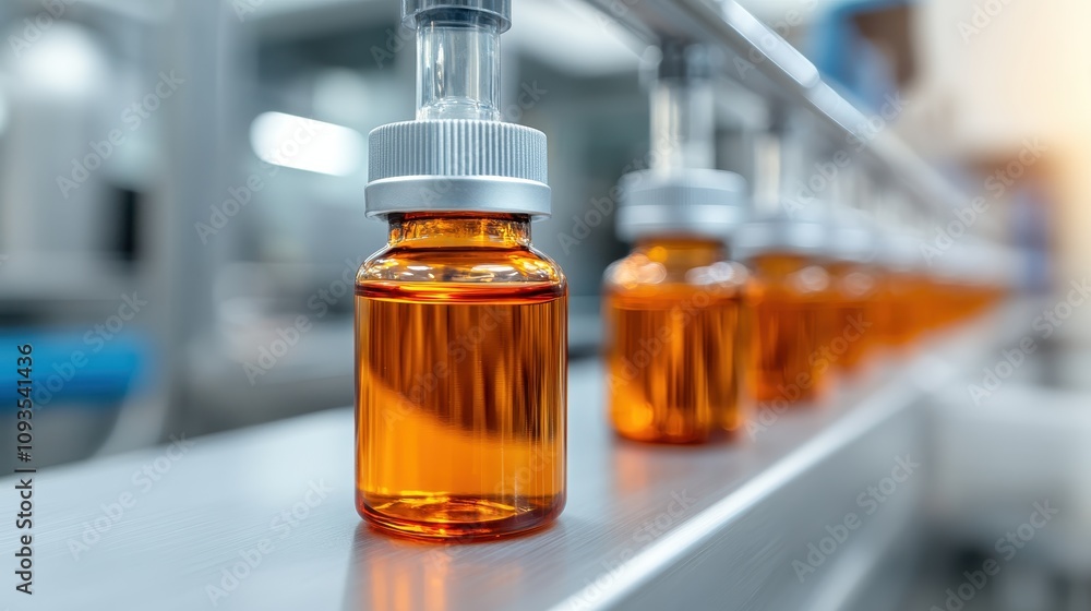A close-up view of several amber-colored glass bottles, showcasing the details of the filling process in a modern, efficient factory production line. A close-up view of several amber-colored glass bottles, showcasing the details of the filling process in a modern, efficient factory production line.