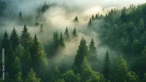 Serene Misty Forest Landscape Featuring Tall Evergreen Trees Surrounded by Lush Green Foliage in a Dreamlike Atmosphere Under Soft Light