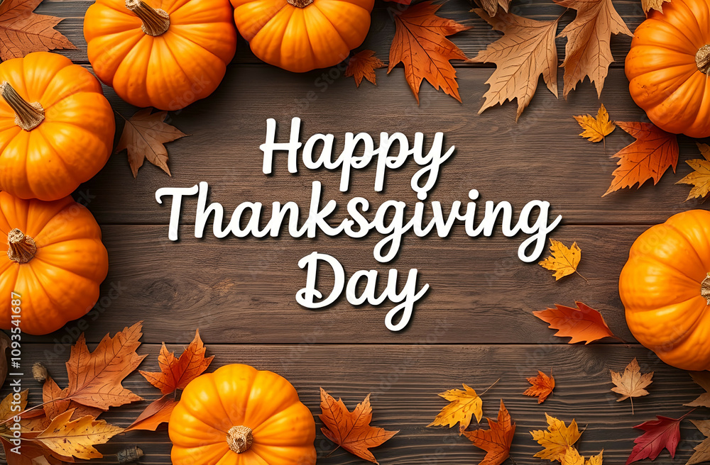 Happy Thanksgiving background greeting with autumn leaves and pumpkins against a dark wood Happy Thanksgiving background greeting with autumn leaves and pumpkins against a dark wood