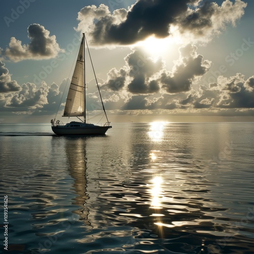 A sailbot at sea at sunset and clouds are visible